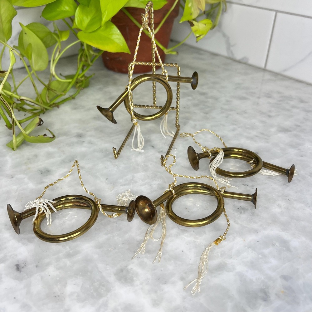 Vintage Brass French Horn Ornaments Set 4 Tassel Gold Tone